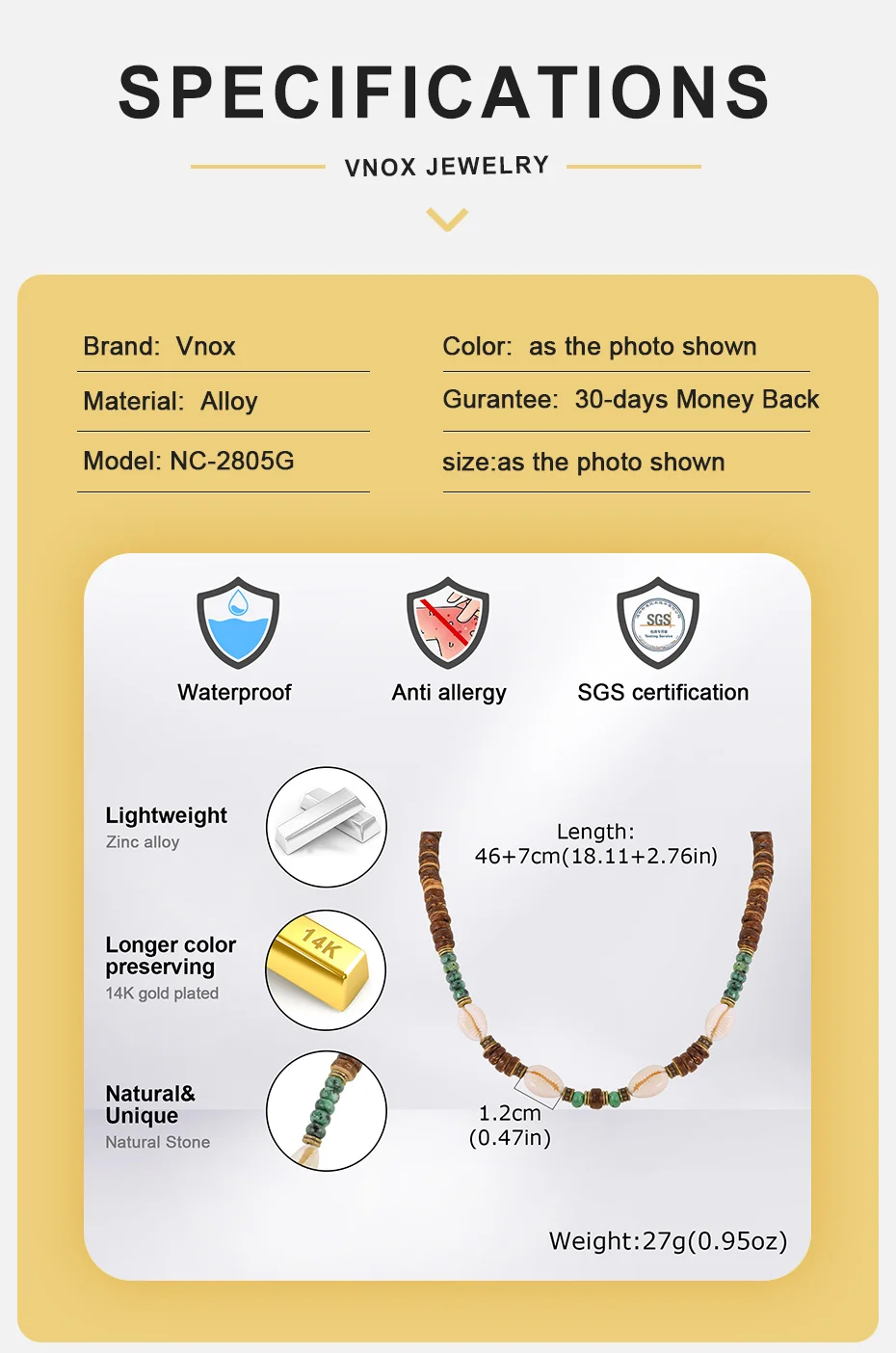 Vnox Verstellbare Kokosnussmuschel-Perlenkette für Herren, Legierungs-Abstandsperlen mit Muschelanhänger, Surf-Boho-Strand-Holzschmuck Geschenk – Detail 4