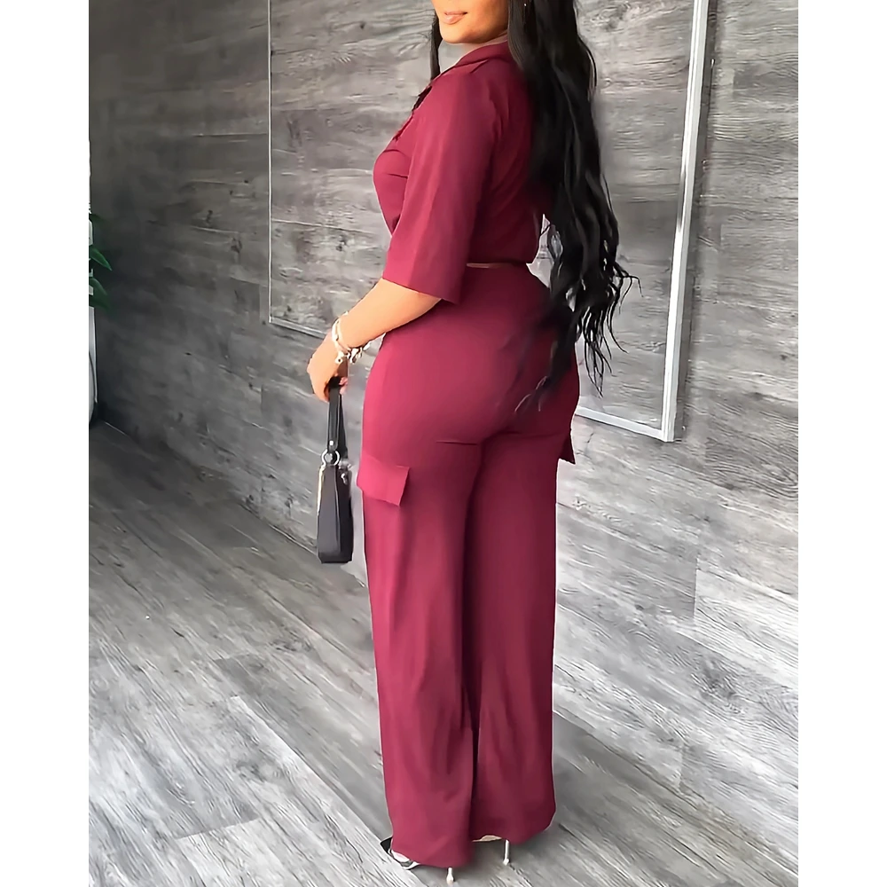 Autumn Women Drawstring Half Sleeve Top & High Waist Cargo Pants Set Female Casual Cargo Two Pieces Suit Set Elegant Workwear