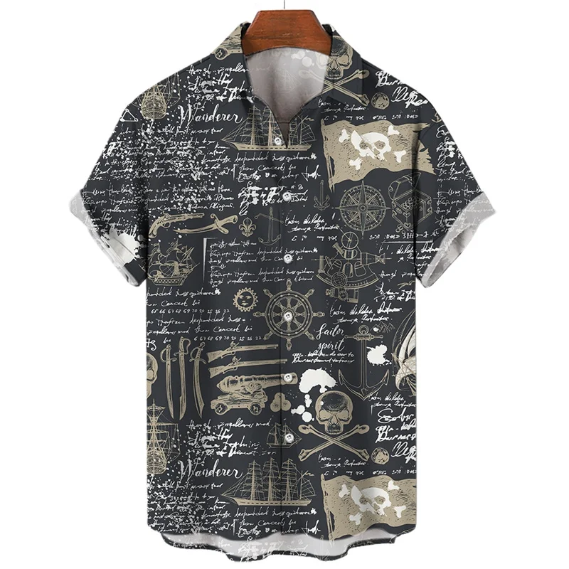 thumbnail image 1 of Camisa hawaiana de verano para hombre, con estampado 3D de brújula náutica y velero, de manga corta, informal, de secado rápido, para playa, de gran tamaño, estilo Aloha, 1 of 4