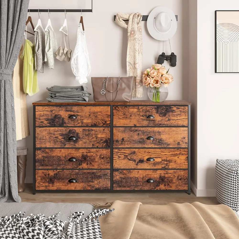 

8 Drawer Dresser Wide 47.2'' Long, Storage Chest of Drawer for 55'' TV Stand in Closet, Wooden Top Industrial Furniture