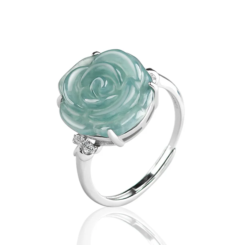 

S925 Silver Inlaid Natural A Goods Jade Blue Water Rose Ring Ice Jadeite Fashion Women's Jewelry Adjustable Drop Shipping