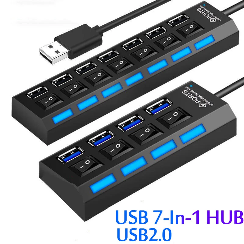 USB Hub Adapter 7 Port 2.0 Multi Splitter Power Adapter 4/7 Port Multiple Expander 3.0 with Switch Cable