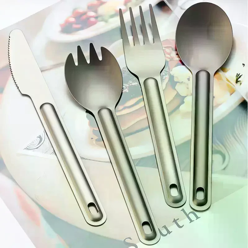 1/4Pcs 휴대용 캠핑 티타늄 금속 긴 손잡이 화상 방지 미끄럼 방지 스푼 포크 경량 식기
