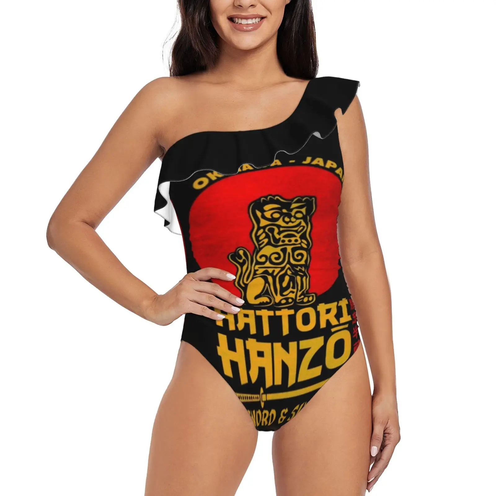 Hattori Hanzo One Shoulder Ruffle Swimsuit One-Piece Beach Bathing Suit Print Sexy Women Swimsuit Hattori Hanzo Hattori Hanzo