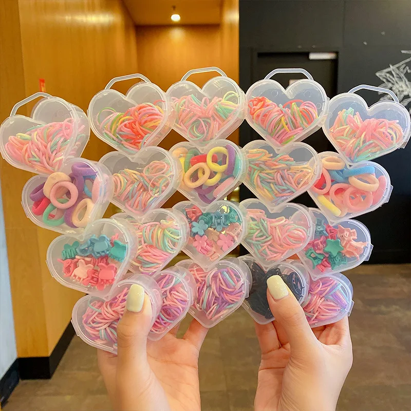 

320pcs Heart Storage Box Jelly Disposable Rubber Hair Bands Cartoon Hair Claw Towel Hair Ties Set Girls Hair Rope Accessories