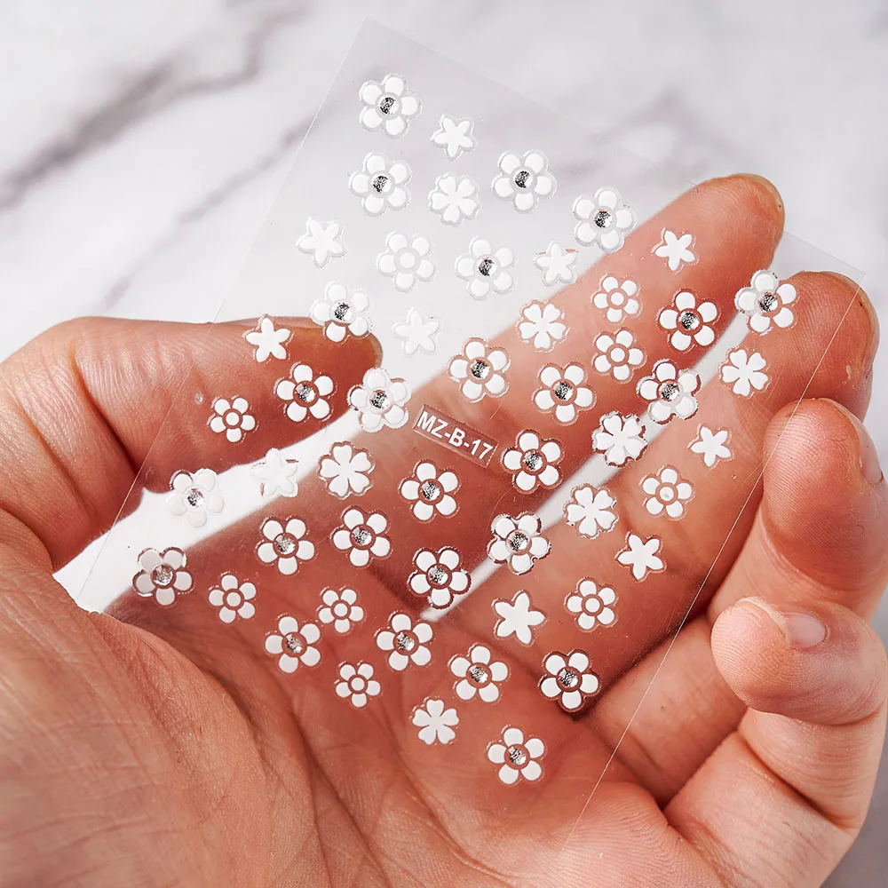 

30Sheets White Daisy Nail Decal Floral Stickers 3D Mixed Diamonds Flower Adhesive Nails Art Florets Decals Nails Decorations N13