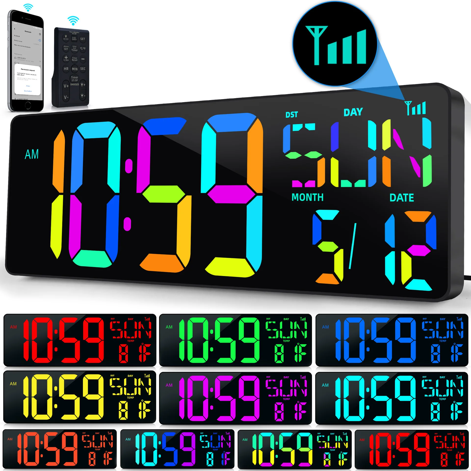 17.2inch/43cm Large Digital Wall Clock Temperature Date Big Screen Dispaly Bluetooth RGB Colorful Electronic Clocks with Remote wall clock,digital wall clock