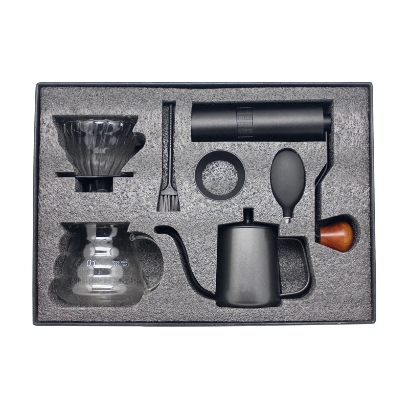 Customizable filter kettle manual grinder with gift box outdoor travel drip coffee set high quality aluminum stainless steel manual coffee grinder coffee utensils mini coffee milling burr grinder