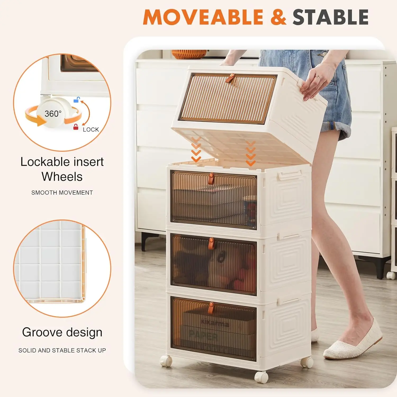 Stackable Plastic Storage Bins with Lid,Foldable Organizers and Storage with Magnetic Doors and Lockable Wheels 5
