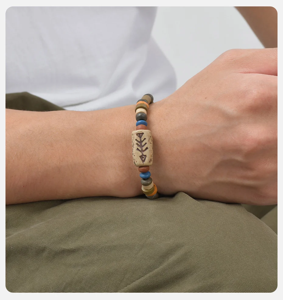 Vnox Fischgräten-Perlen-Charm-Armbänder für Männer und Frauen, Vintage-Retro-Ethno-Armband mit drei Perlen, verstellbarer Schmuck – Detail 4