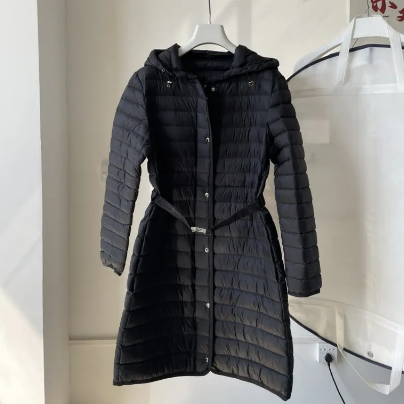 

Autumn and winter female Long pattern hooded Down jacket Y2K Casual jacket Slim-fit belt fashion warm single-breasted coat