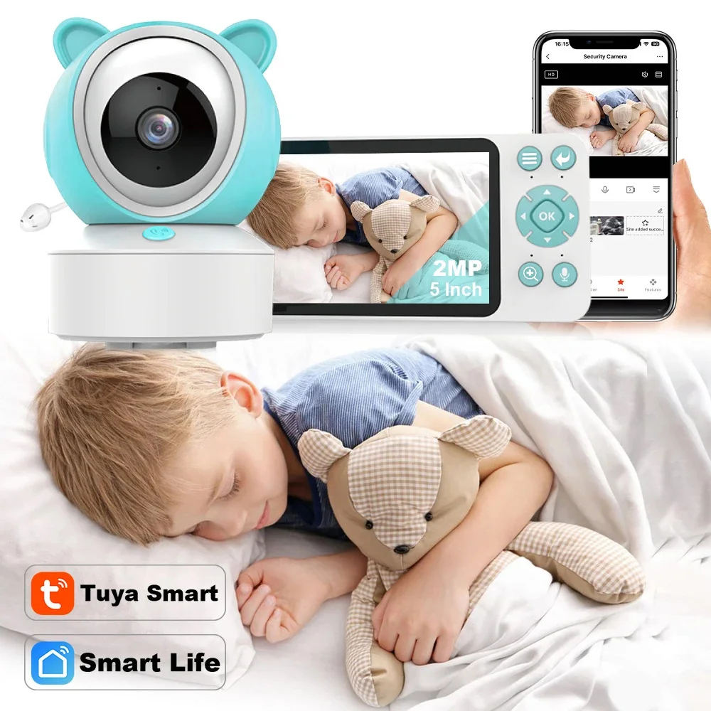 Tuya Smart WiFi Baby Cry Sound Detection Audio Video Baby Monitor PTZ Infrared 5Inch Monitor Camera 1080P Phone APP Remote View-wireless baby monitor,video baby monitor