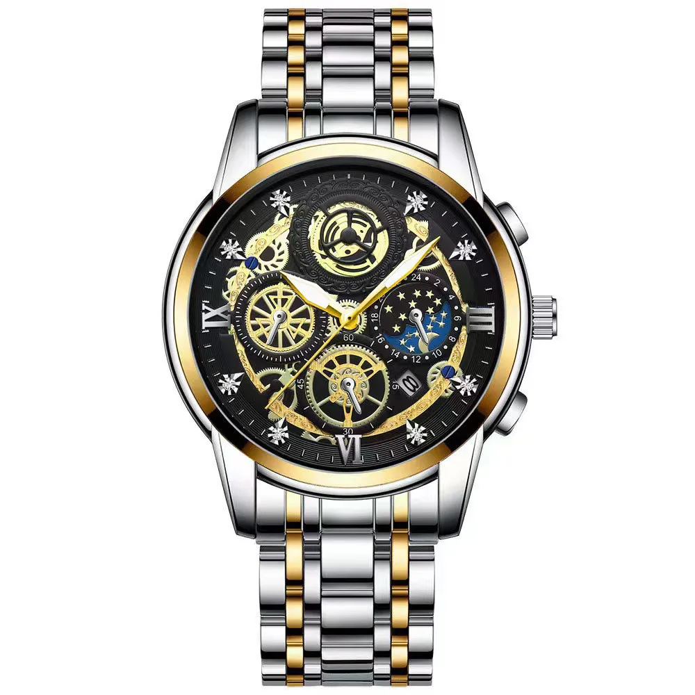 2022 popular calendar men's fashion watch hollow flywheel Rhinestone waterproof sun moon stars luminous quartz steel band Watch