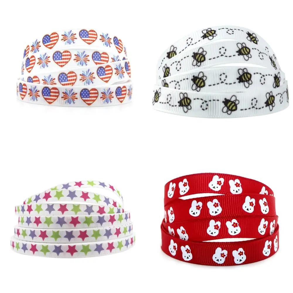 

Бесплатная доставка, 50 ярдов, 3/8 дюйма, 9 мм, мультяшная лента в рубчик с принтом пчелиного кролика, аксессуары для банта, украшения «сделай сам», 50Yc1559