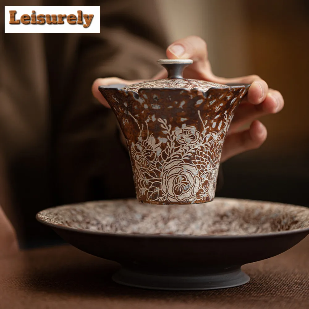 150ml Retro Gilded Silver Flower Mouth Gaiwan Zen Coarse Pottery  Tea Tureen Household Tea Maker Cover Bowl Chinese Tea Set Gift