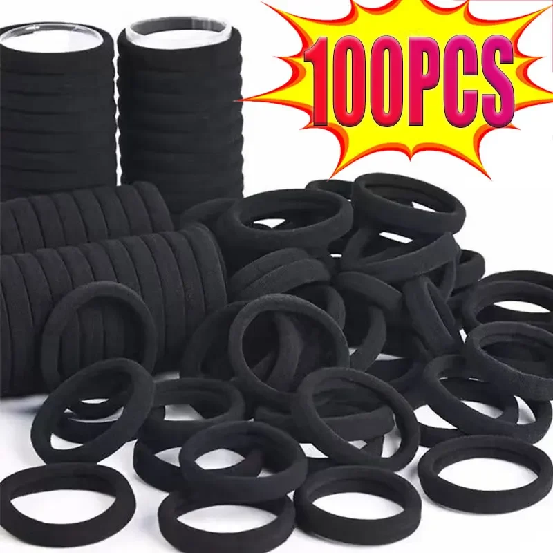 

100PCS Women 3/4/5cm High Elasticity Hair Bands Solid Black Headband Girls Ponytail Holder Fixed Hair Accessories Hair Ropes