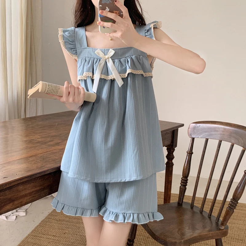 작은 비행 소매 잠옷 여성 여름 순수한면 얇은 달콤한 조끼 민소매 슬링 가슴 패드 봄과 가을날 가정복 세트
