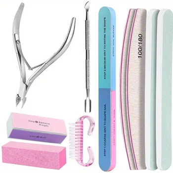 10Pcs Nail Art 100/180 Grit Professional Files Buffer Sponge Block Brush Nail Scissors Kit With Cuticle Nipper Pushers for women