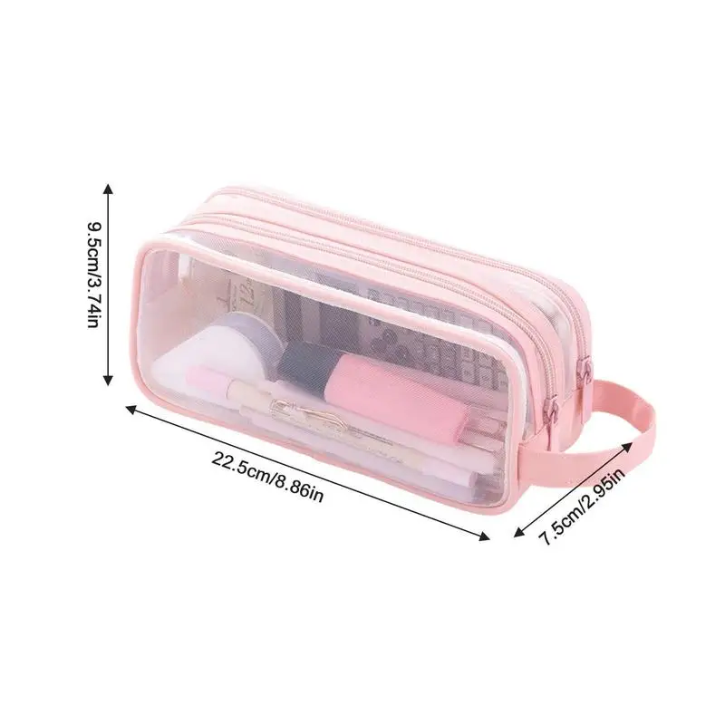 EASTHILL Grid Mesh Pen Pencil Case with Zipper Clear Makeup Color Pouch  Pink