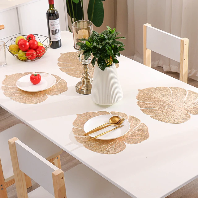 Gold Vinyl Placemats Set Of 8,Round Floral Leaf Dining Modern
