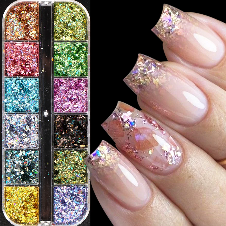 12 Gitter Holographische Glitzer-Nagelkunst-Pailletten Funkelnde Unregelmäßige Nagelflocken Pulver Nagelkunst Meerjungfrau Make-up Maniküre Dekorationen – Detail 3