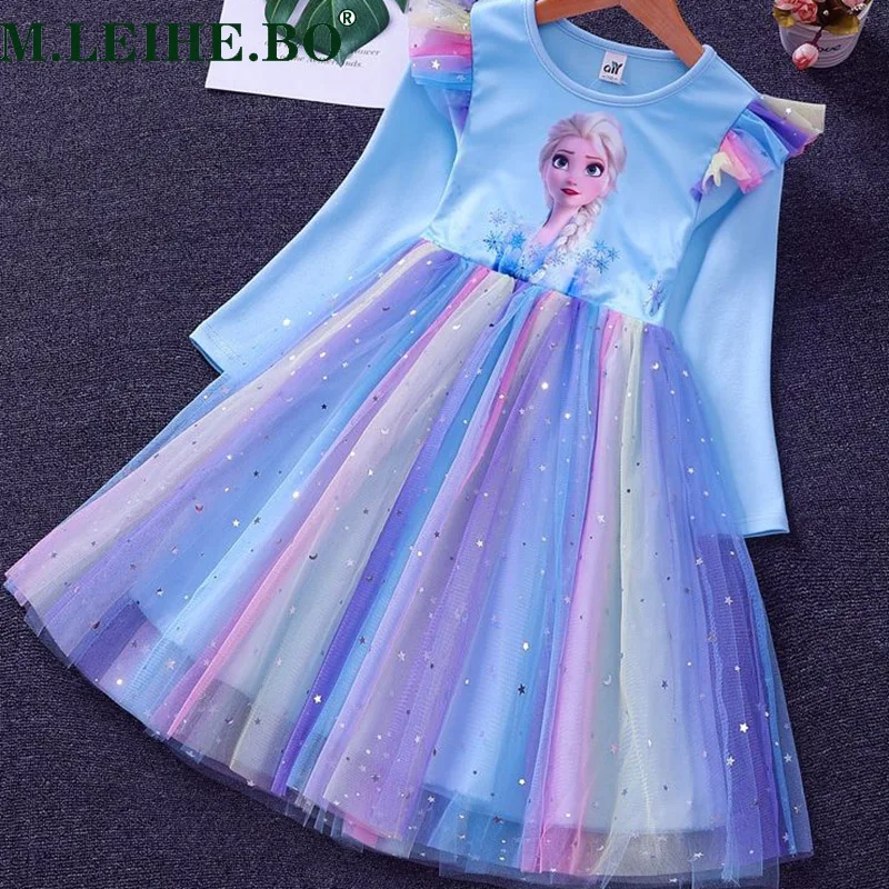 New Cartoon Elsa Dress Girls Party Vestidos Cosplay Clothing Frozen Snow Queen Print Birthday Princess Kids Costume | Детская одежда и