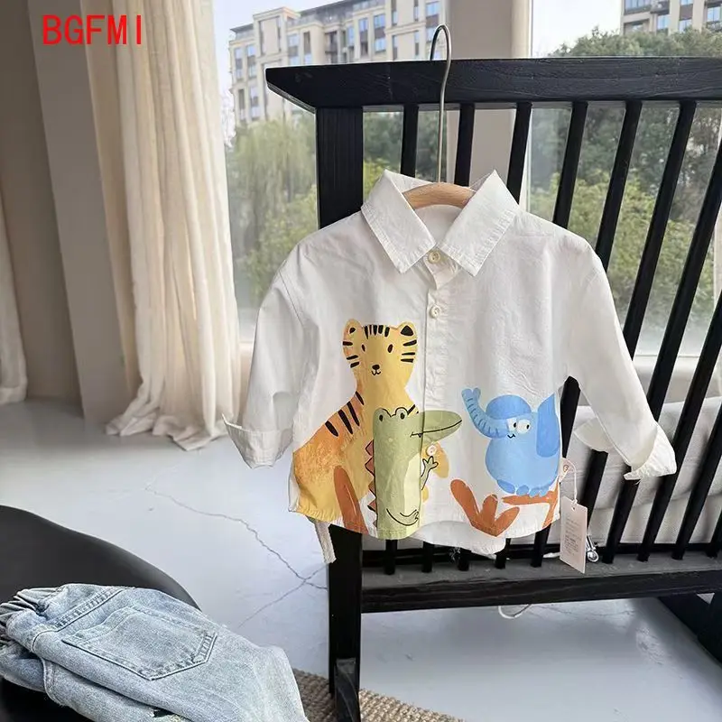 Korean Spring Autumn Clothing Boys Print Cotton Thin Shirts Kid Cartoon Turn-down Collar Loose Long Sleeve Infant Boy Top 1-6Y