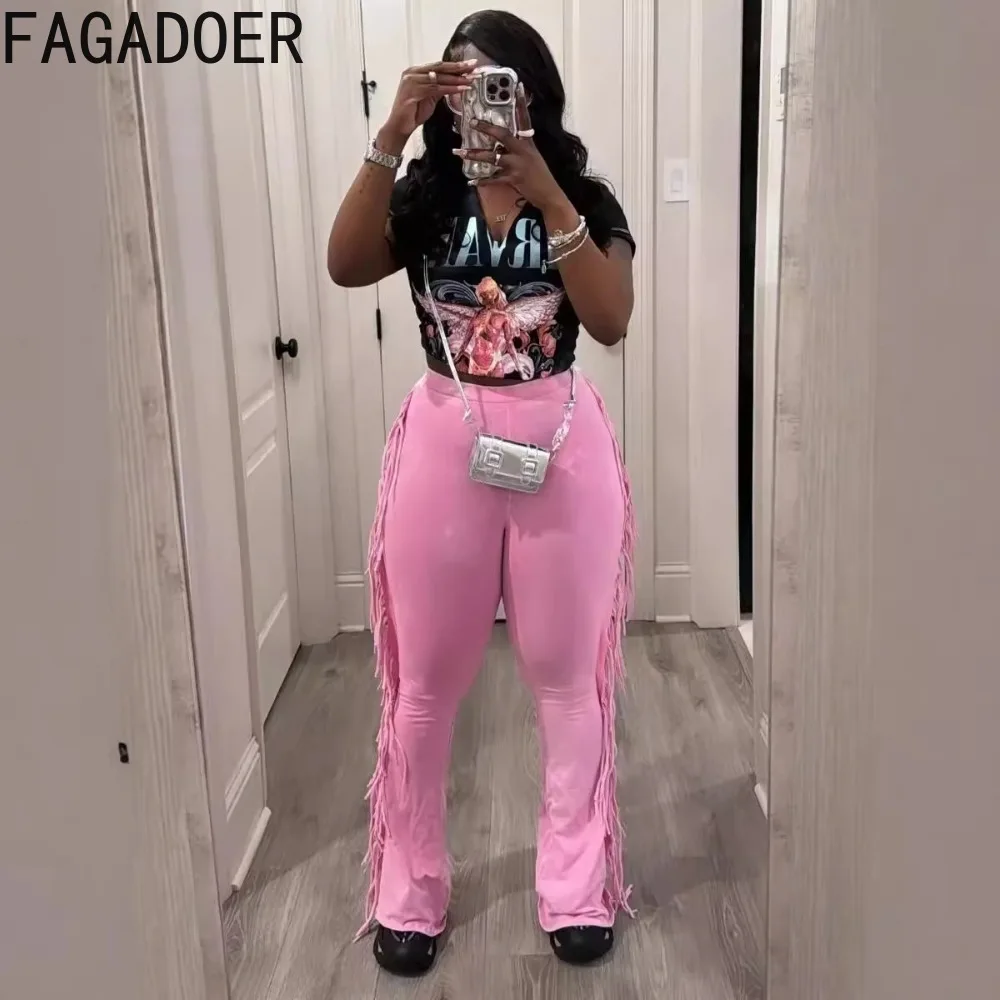 Autumn Winter Casual Tassels Skinny Flare Pants Women High Waist Solid Stretchy Trousers Female Y2k Streetwear Bottoms