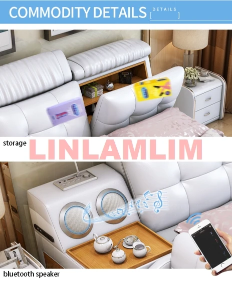 Genuine Leather Bed Multifunctional Tech Smart Beds Ultimate Camas Upholstered Bed with Bluetooth,Speaker,LED Lamp,Minikeeper