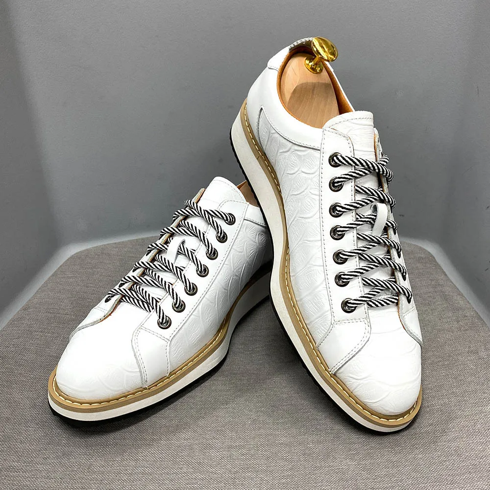 Casual Leather Shoes Genuine Leather with Thick Soles, Daily Single Shoes, Fashionable Crocodile Pattern Embossed Handmade Shoes