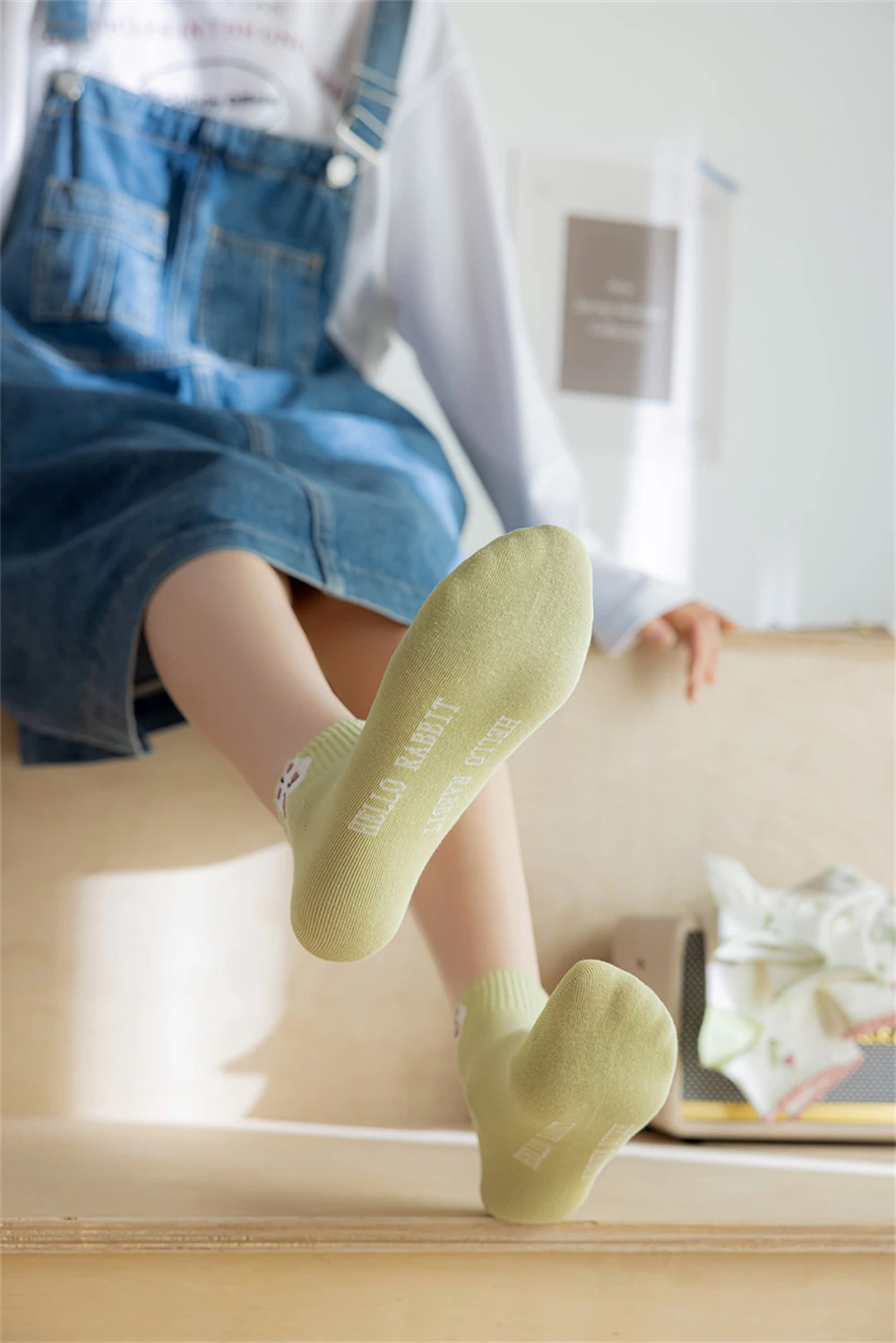 Neue Damen-Sommer-Fruchtsocken, grün, frisch, niedliches Kaninchen, Blume, gekräuselter Rand, künstlerisch, Dropship – Detail 7