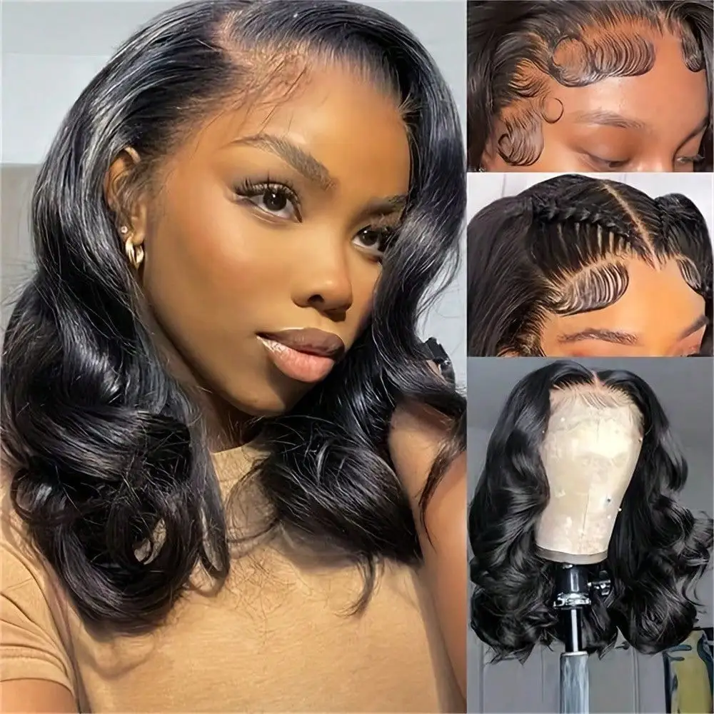 16 Inch 13x4 HD Lace Front Body Wave Bob Wig 250% Density Pre Plucked Natural Black Human Hair for Women 2