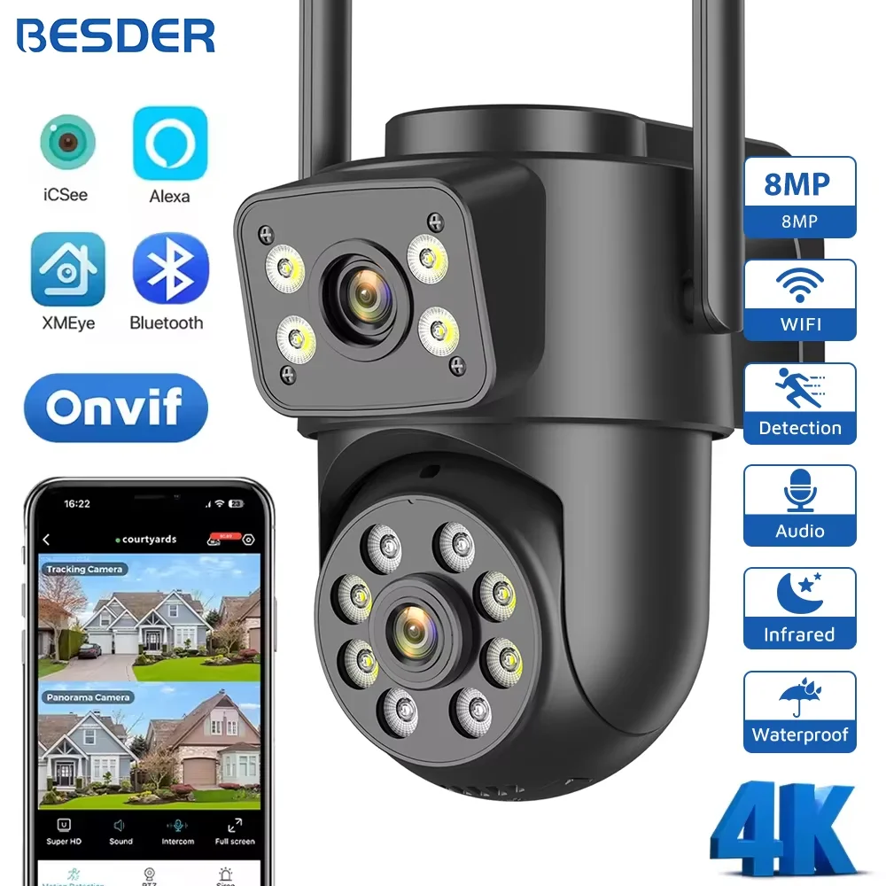 BESDER 8MP Wifi Camera PTZ Dual Screens Outdoor Human Detection Auto Tracking 6MP CCTV Surveillance IP Camera P2P Audio iCSee 2