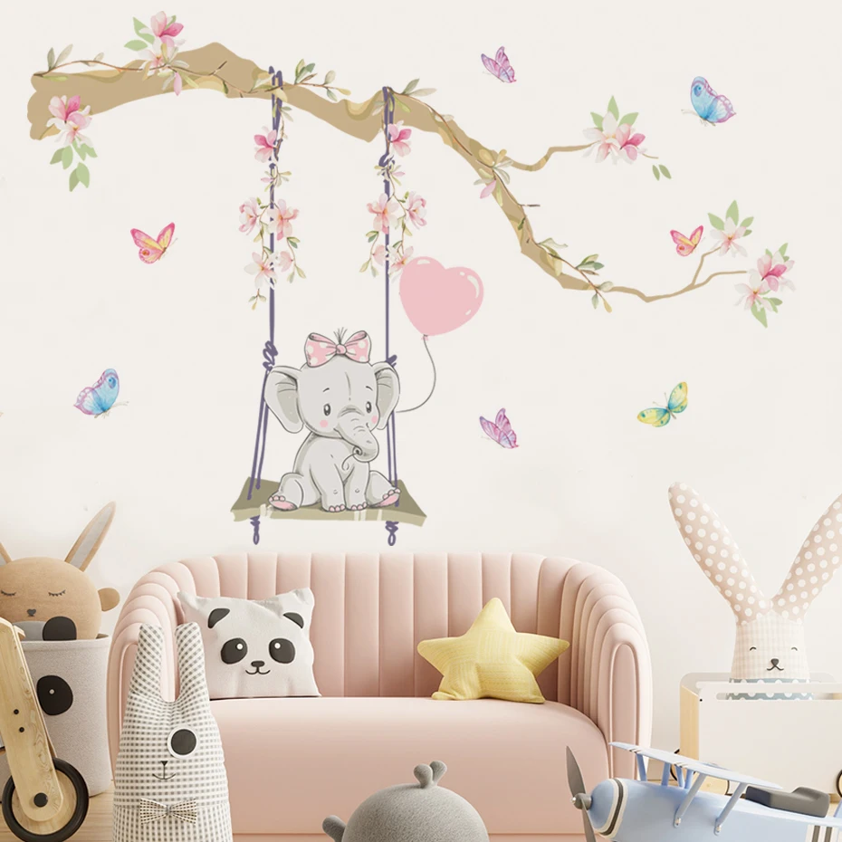 Cartoon Cute Swinging Elephant Butterfly Branch Watercolor Nursery Sticker  Wall Decals Art Print Kids Boys Room Home Decor - AliExpress, image size:930x930