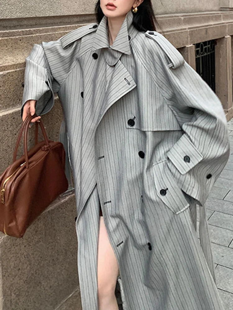 YERMORA Fashion Designer Long Trench Coat Women Lapel Double Breasted Belt Gathered Waist Windbreaker 2024 Autumn Winter New