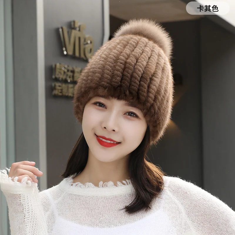 Winter Fur Hat Real Mink Fur Hat For Women Knitted Mink Ear Warm Cap The Spiral Beanies Cap With Fox Pompom On The Top