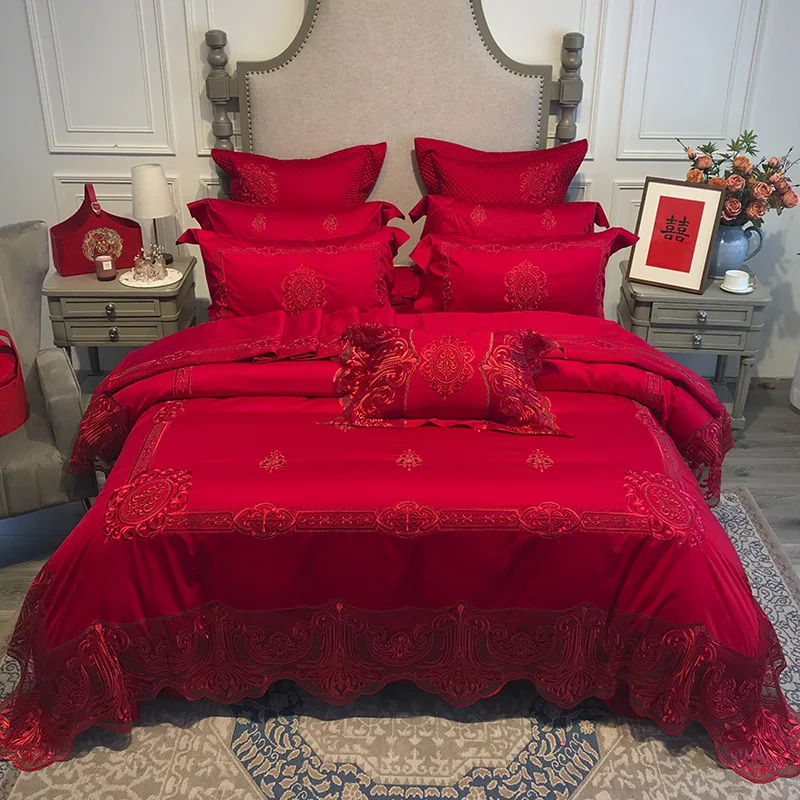 European Princess Style Lace Duvet Cover Set Red High-end Wedding Bedding set King Queen Size Bed set bed sheet set juego de cam