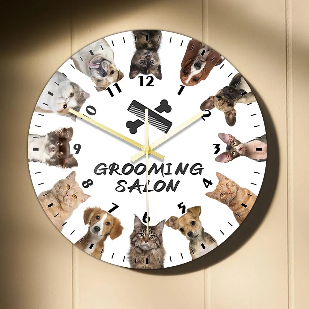 Cat And Dog Grooming Salon Personalized Print Wall Clock for Vet Clinic Pet Groomer Shop Decorative Wall Sign Silent Wall Watch 2