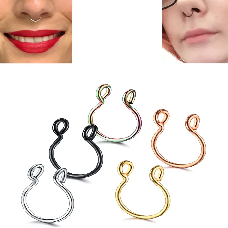 Nose Rings 2 Sizes U Shaped Fake Nose Ring Hoop Septum Rings Stainless Steel Nose Piercing Fake Piercing Oreja Pircing Jewelry