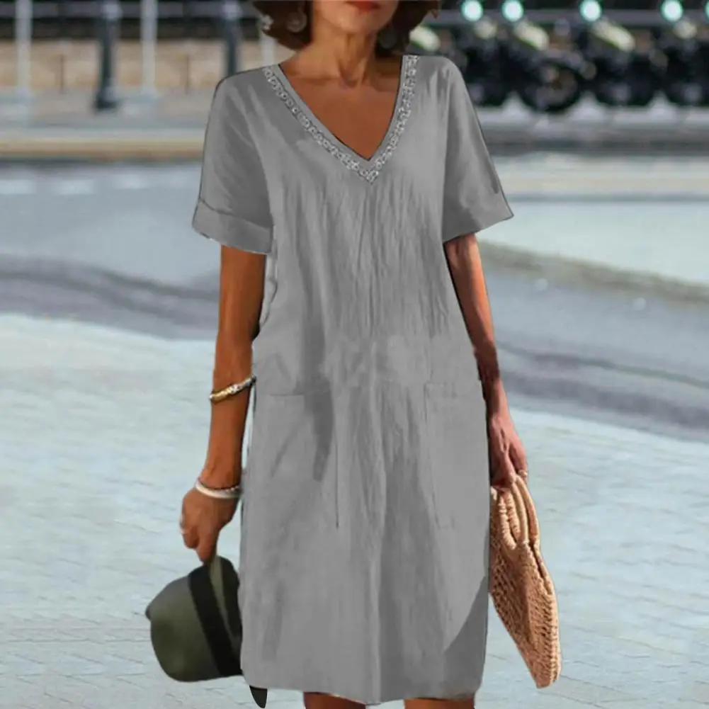 

Summer Pullover Dress Stylish V Neck Midi Dress with Side Pockets for Women Summer Wear with Short Sleeves High for Comfort