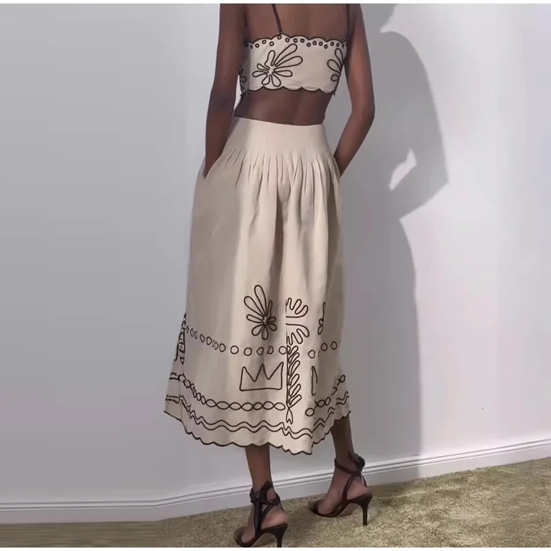 Image of Embroidery Women Strap Dress Sexy Hollow Out Sleeveless Backless Wave Hem Lady Dresses 2025 Spring Summer Beach Ladies Robe