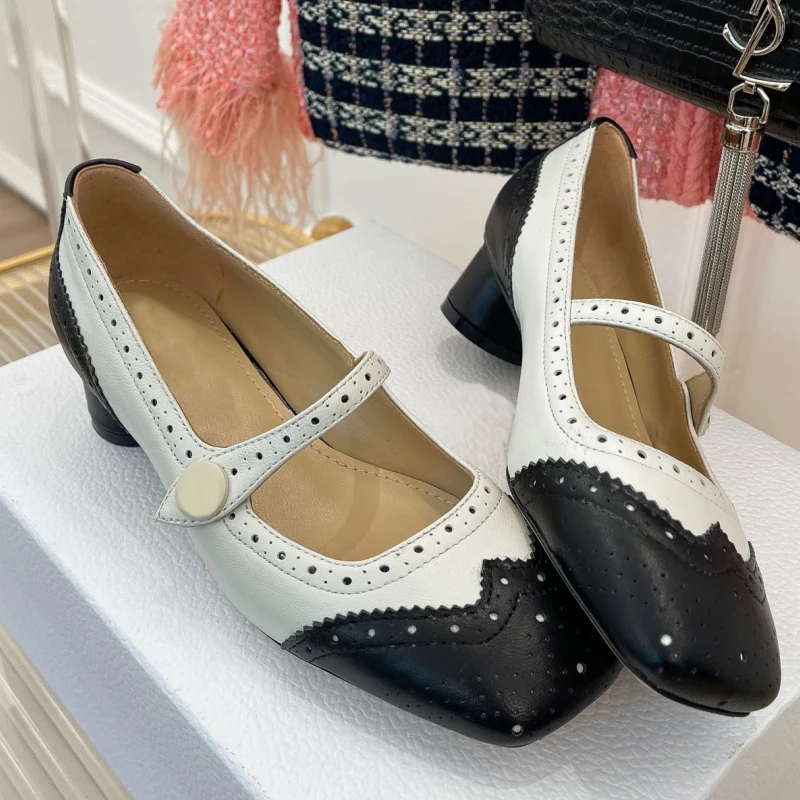 

Black Leather Women Single Shoes Mary Jane Round Toe Ladies Shoes Splice Tacones Para Mujer Chunky Heels Sapatos Feminino 2023