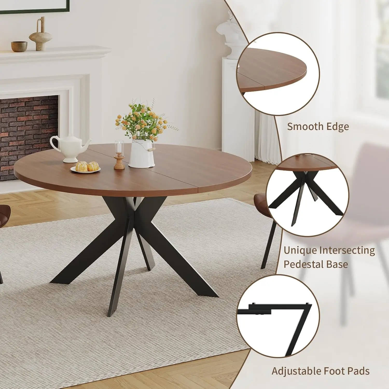 45.3" Walnut Round Dining Table Set with 4 Chairs – Mid-Century Modern Small-Space Kitchen & Dining Room Furniture