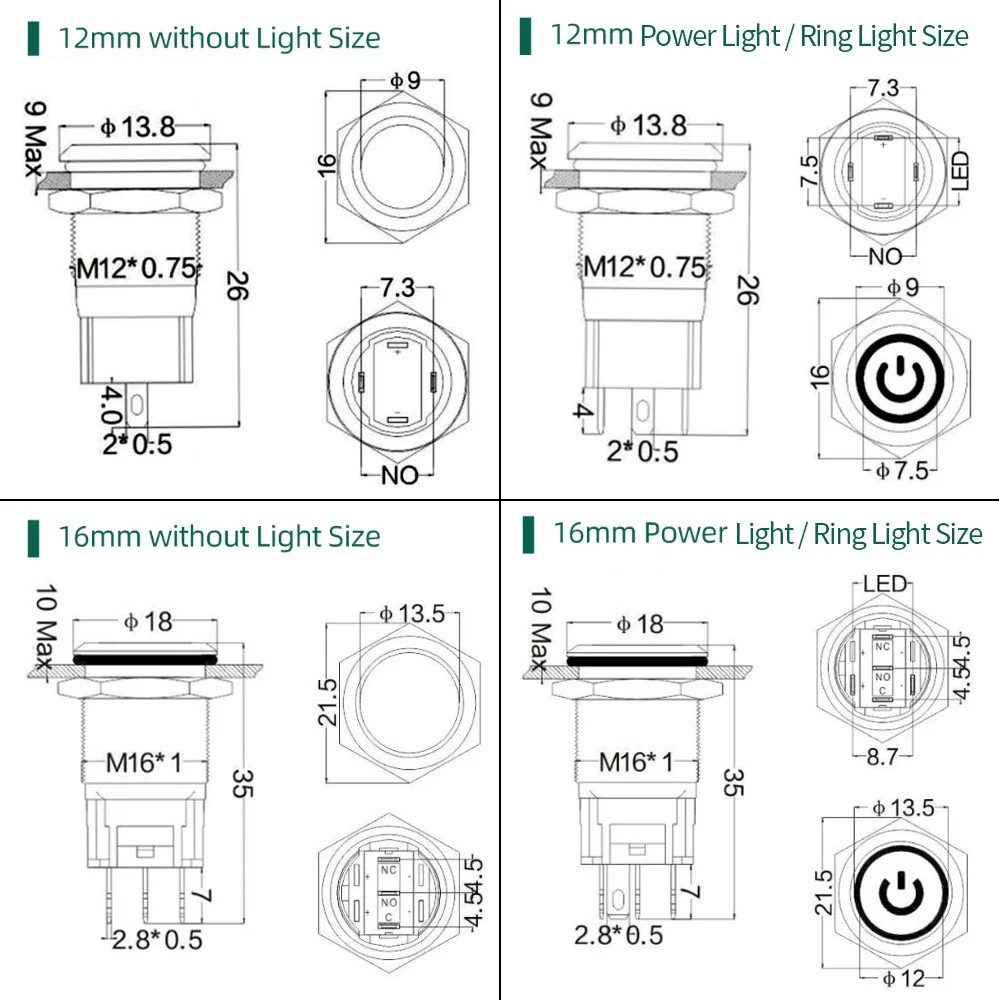 Metalen Drukknop 16mm - Aan-Uit - met 3-6V Groene LED - met Kabel - ABS16CP11ZEG3V