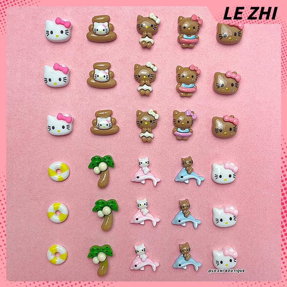 20Pcs 하와이 3D 헬로 키티 네일 아트 수지 액세서리 여름 해변 검은 피부 KT 전화 케이스 스티커 매니큐어 데칼 장식