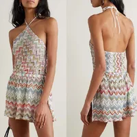 Sexy  Wave Print Backless Split  Suit for Women mid Waist Long Pants No Brand Registered Trademark