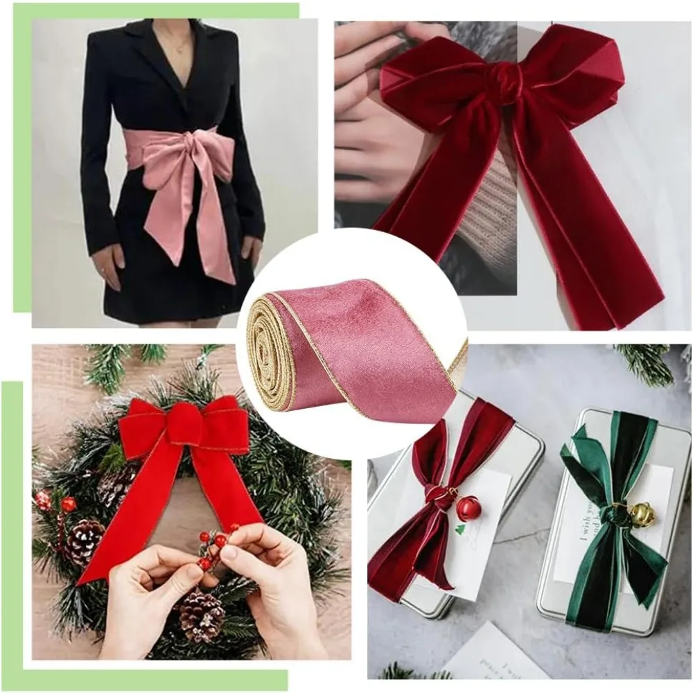 1Bundle 10 Yards Rose Velvet Wired Ribbon with Gold Metallic Back 2.5 inch Christmas Ribbon Wired Crushed Velvet