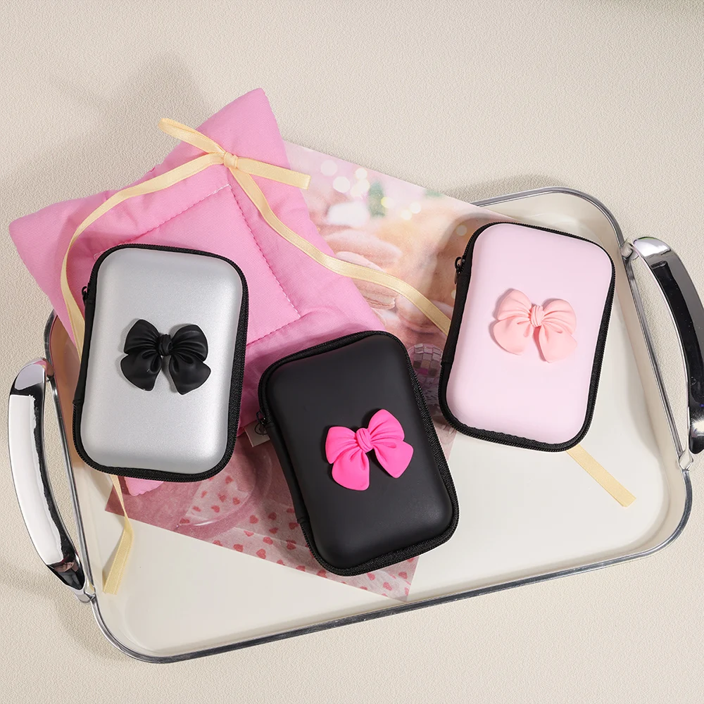 Storage Bag Travel Storage Bag Portable Charging Case USB Data Cable Organizer Headset Cable Bag Square Zipper With 3D Love Bow Pattern storage bag