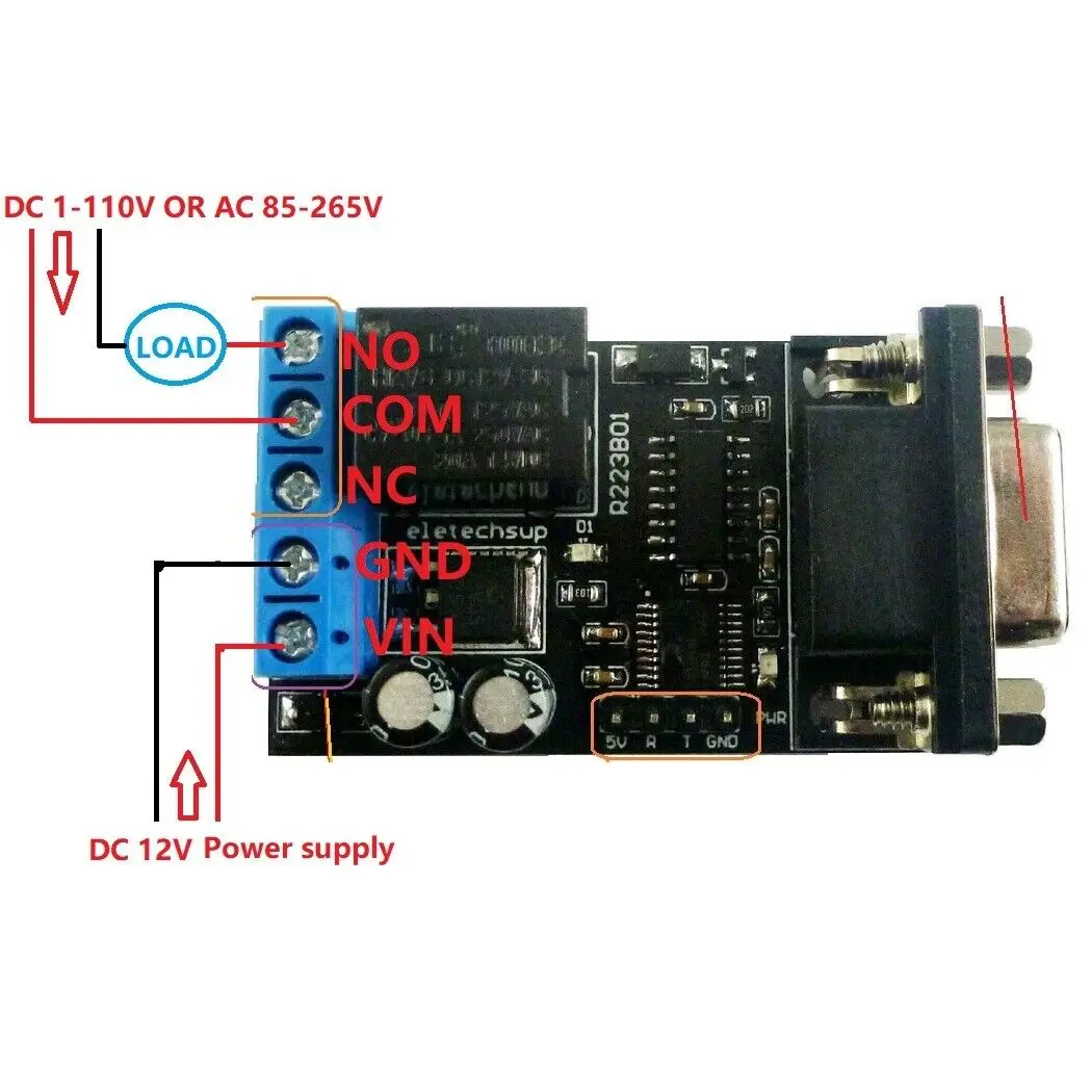 2 in 1 명령 제어 스위치 보드, 12V RS232 TTL232 PC COM DB9 직렬 UART PLC 지연 릴레이 AT 8 바이트