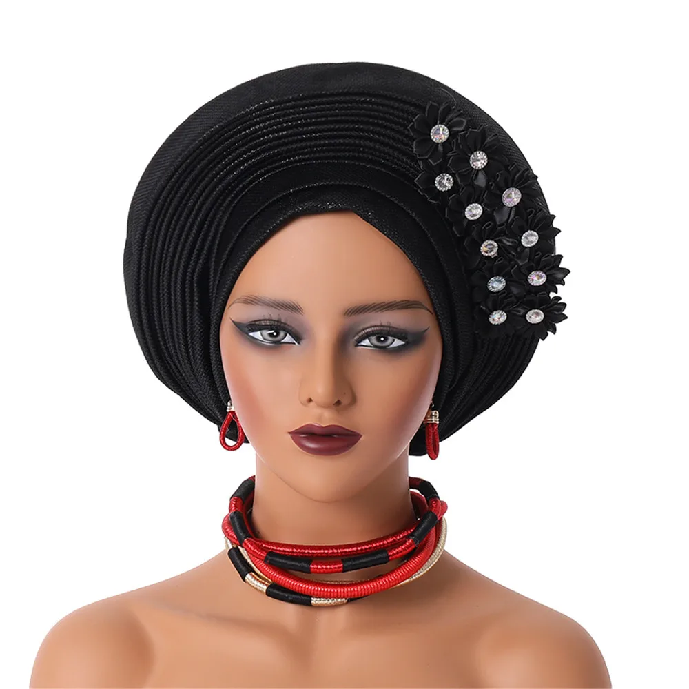 Nigeria Head Ties with Flowers Already Made Auto Gele Women Head Wraps for Wedding Party New African Headtie Turban